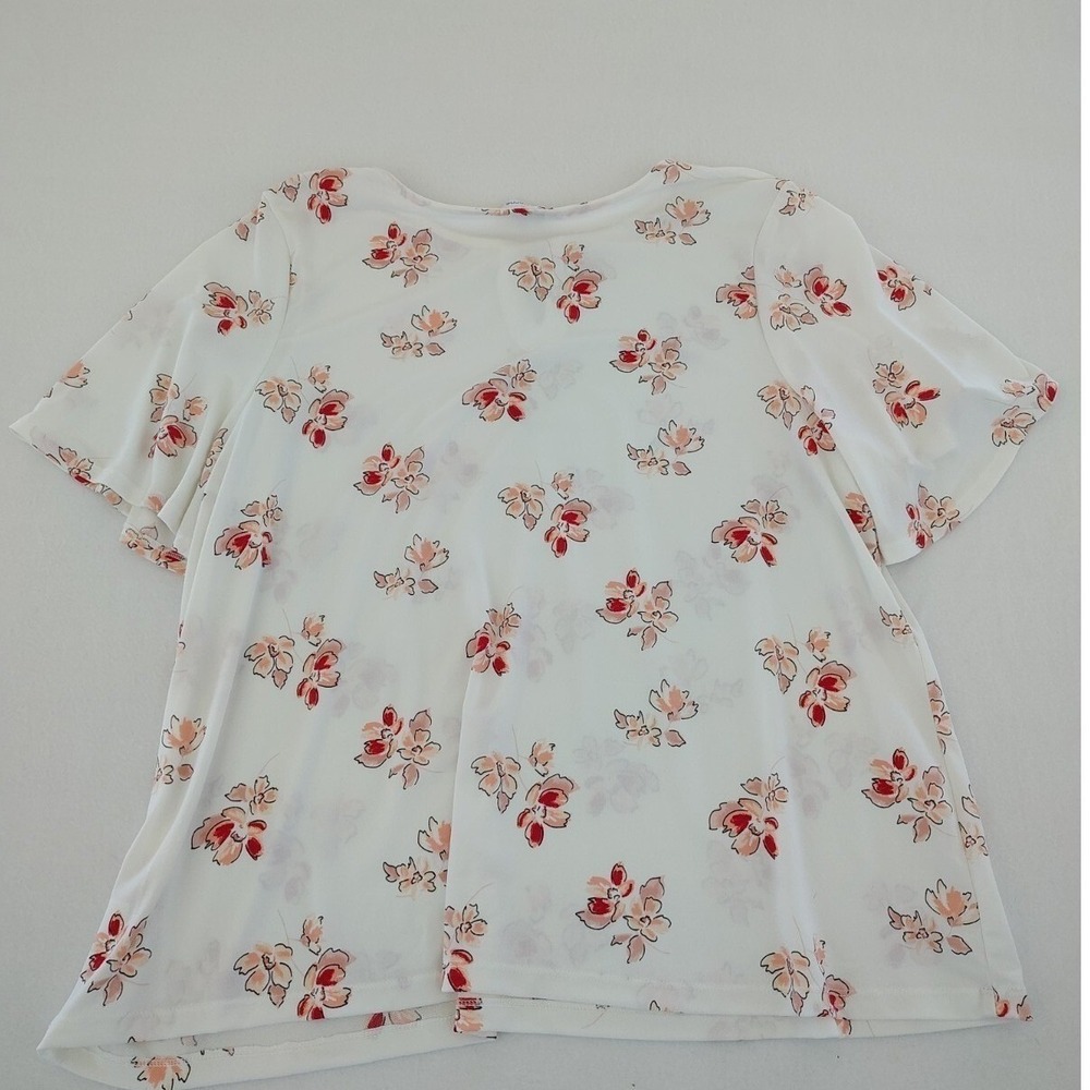 Liz Claiborne Ivory Floral Keyhole Neck Pearl Accent Flutter Sleeve Blouse 2X - Picture 10 of 14